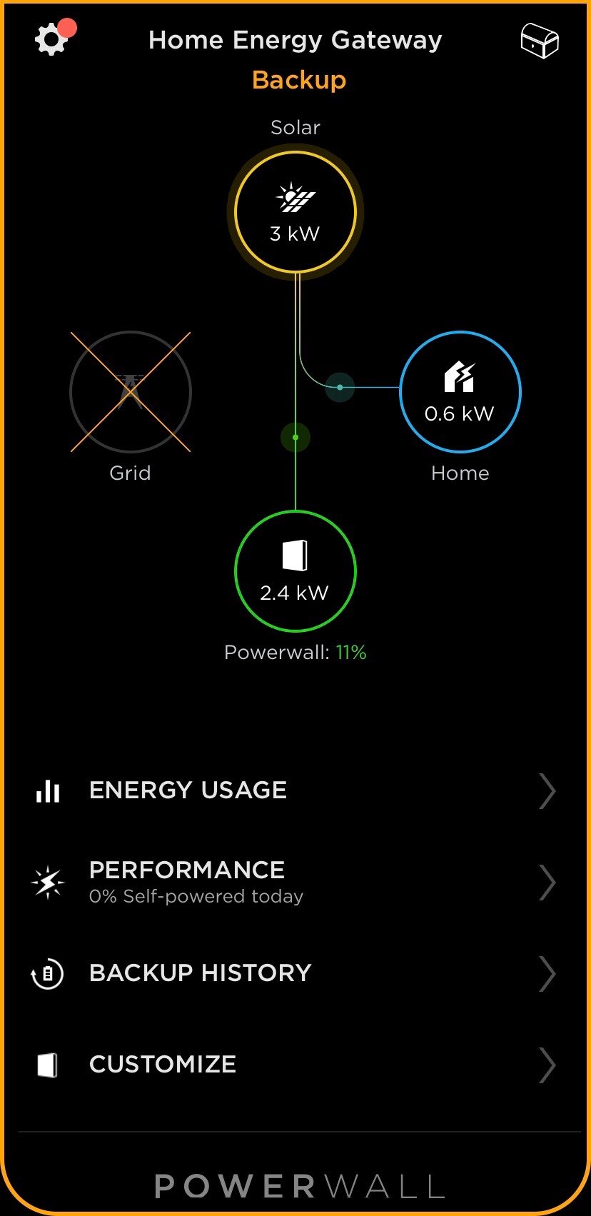 Grid outages are handled differently in the app, with a large X over the grid connection.