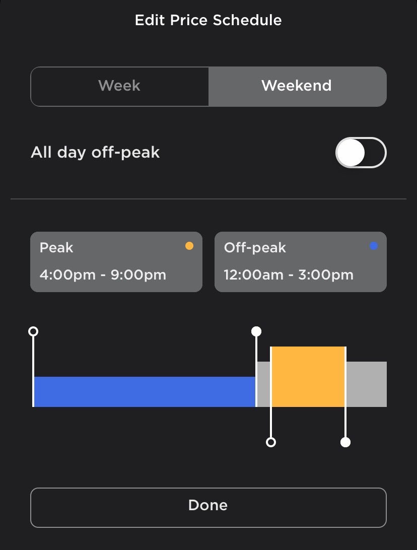 The time-of-use schedule page in the Tesla App.